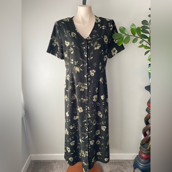 90s Vintage Jessica Front Button Down Green Floral Maxi Dress Size Large 1990s - Picture 1 of 11